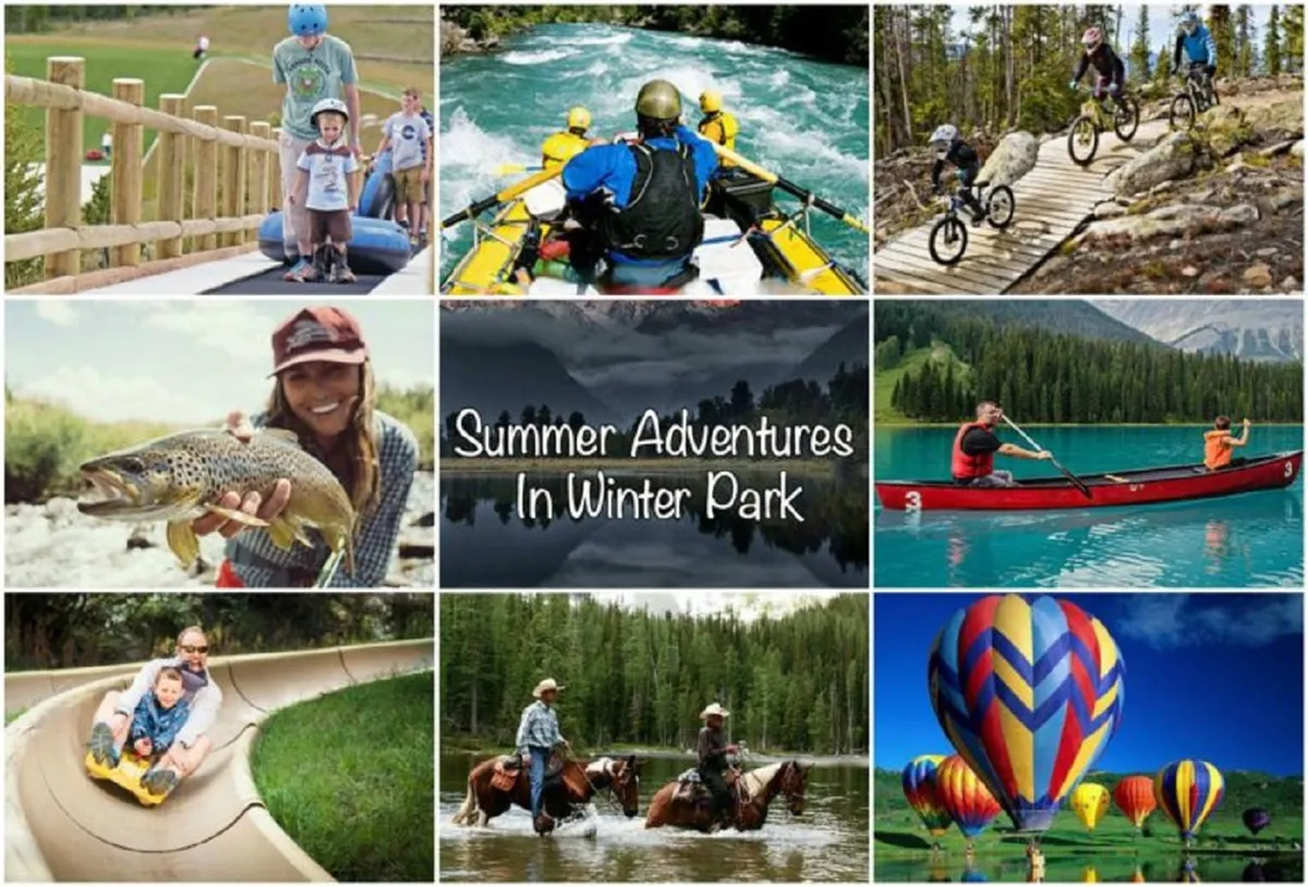 A lively outdoor scene featuring families engaging in a range of activities amid a stunning mountain backdrop. Children are playing near a river, colorful hot air balloons float above, and various summer adventures like white-water rafting, kayaking, biking, horseback riding, and water sliding are visible. Wildlife adds to the vibrancy, creating a joyful and inviting atmosphere.
