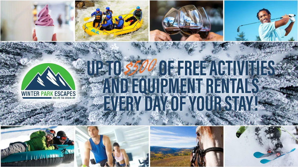 A vibrant interior scene featuring the Winter Park Escapes logo, promotional text for free activities, and images depicting adventures such as rafting, skiing, horseback riding, and indoor dining.
