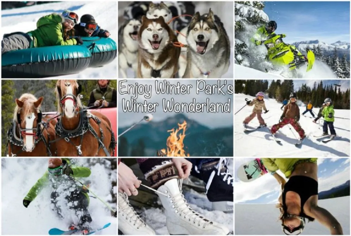 A festive winter scene showcasing people tubing down a snowy slope, huskies pulling a sled, snowboarders and skiers in action, horses with a sleigh, a campfire gathering, and children building memories in the snow. The landscape is alive with excitement and togetherness, set against a beautiful snowy mountain backdrop.